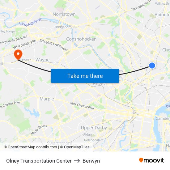 Olney Transportation Center to Berwyn map