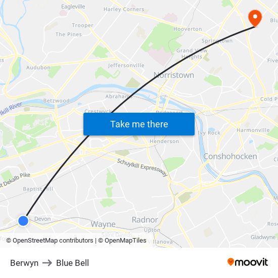 Berwyn to Blue Bell map
