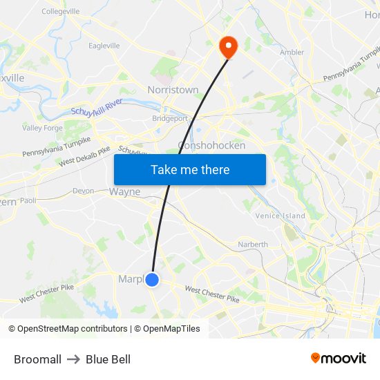 Broomall to Blue Bell map