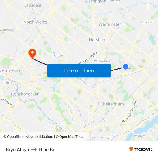 Bryn Athyn to Blue Bell map