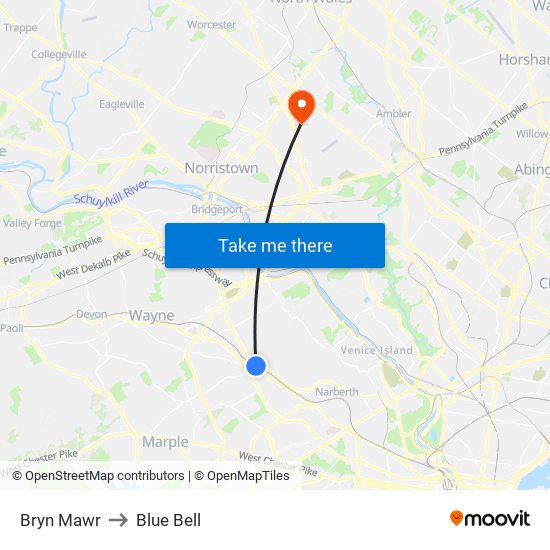 Bryn Mawr to Blue Bell map