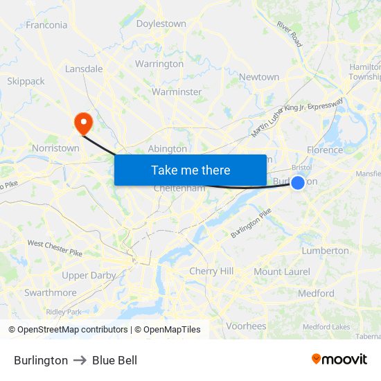 Burlington to Blue Bell map