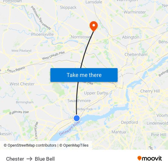 Chester to Blue Bell map