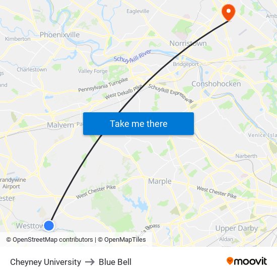 Cheyney University to Blue Bell map