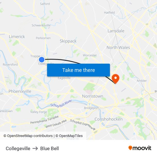 Collegeville to Blue Bell map