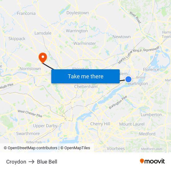 Croydon to Blue Bell map