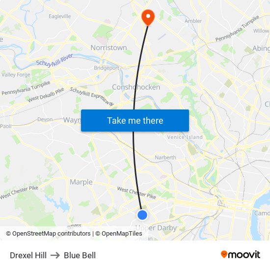 Drexel Hill to Blue Bell map