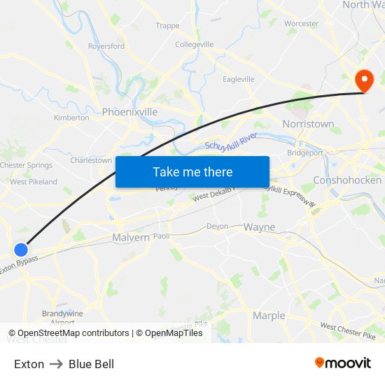 Exton to Blue Bell map