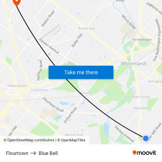 Flourtown to Blue Bell map