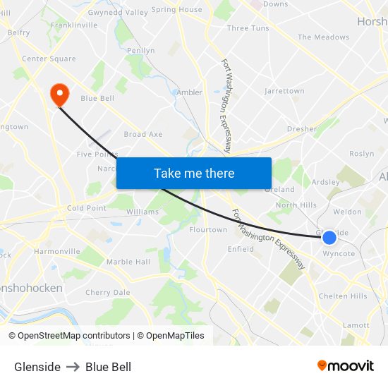 Glenside to Blue Bell map