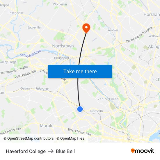 Haverford College to Blue Bell map