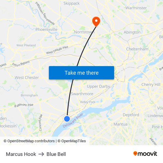 Marcus Hook to Blue Bell map