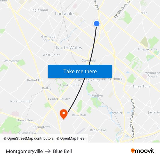 Montgomeryville to Blue Bell map