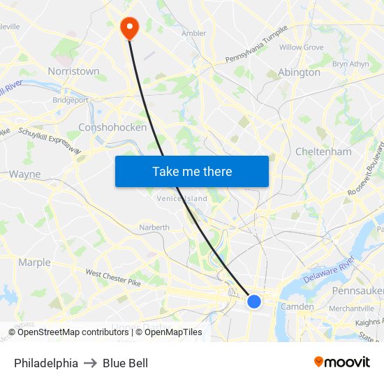 Philadelphia to Blue Bell map