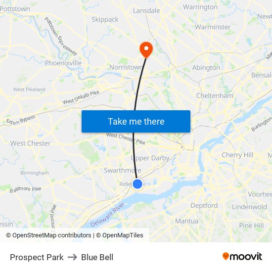 Prospect Park to Blue Bell map