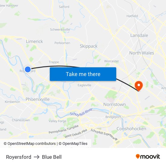 Royersford to Blue Bell map