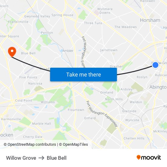Willow Grove to Blue Bell map