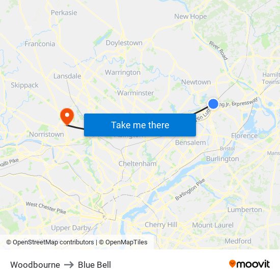 Woodbourne to Blue Bell map