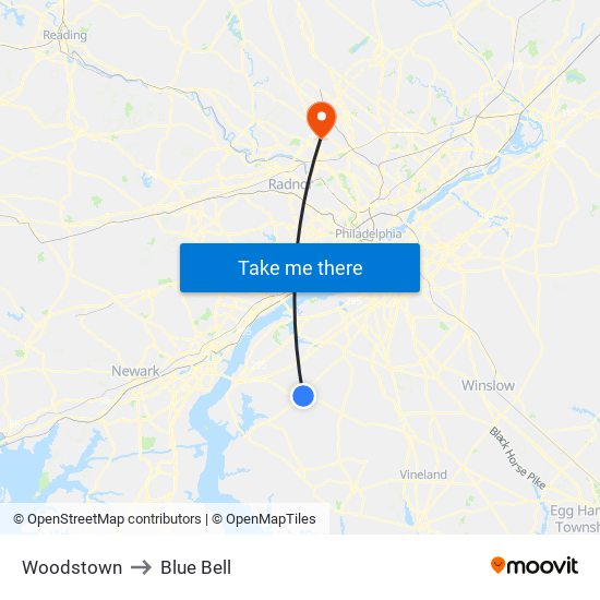 Woodstown to Blue Bell map