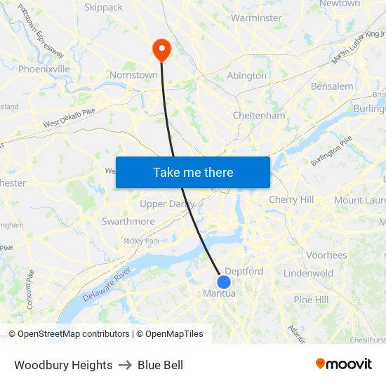 Woodbury Heights to Blue Bell map