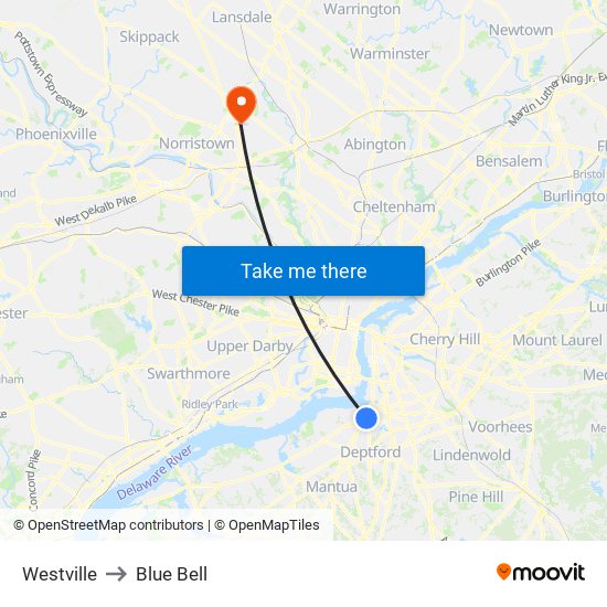 Westville to Blue Bell map