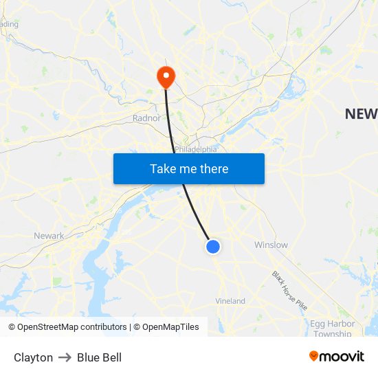 Clayton to Blue Bell map