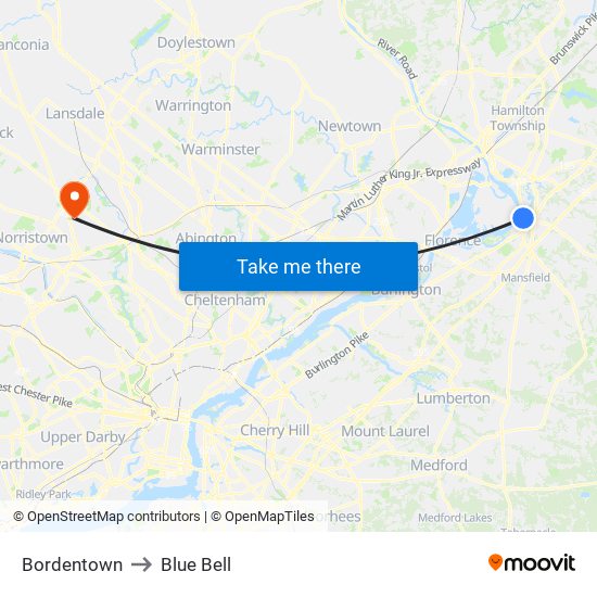 Bordentown to Blue Bell map