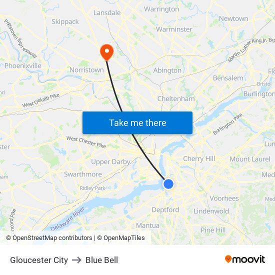 Gloucester City to Blue Bell map