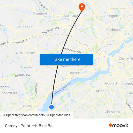 Carneys Point to Blue Bell map