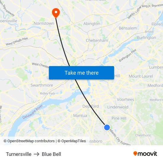 Turnersville to Blue Bell map