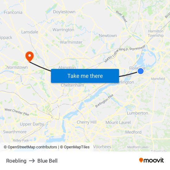 Roebling to Blue Bell map