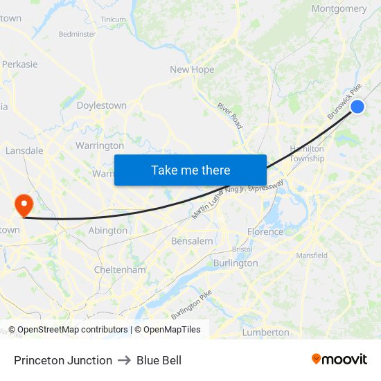 Princeton Junction to Blue Bell map