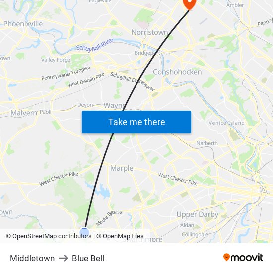 Middletown to Blue Bell map