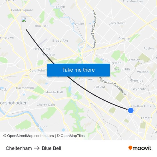 Cheltenham to Blue Bell map