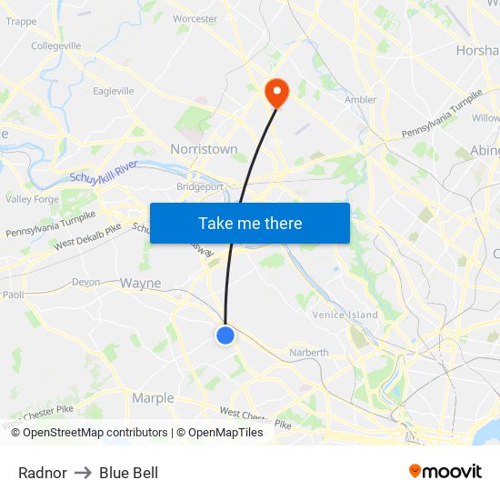 Radnor to Blue Bell map