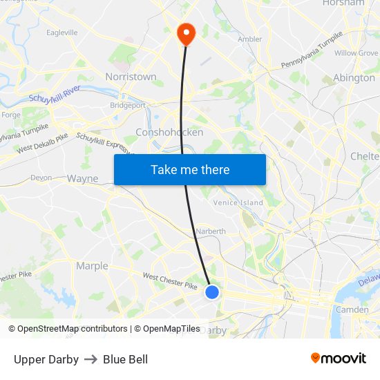 Upper Darby to Blue Bell map