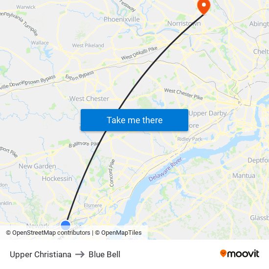 Upper Christiana to Blue Bell map