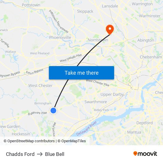 Chadds Ford to Blue Bell map