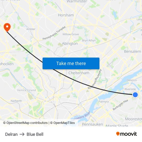 Delran to Blue Bell map