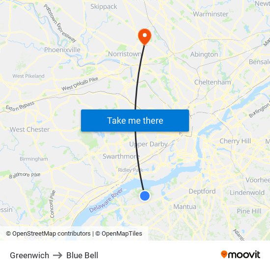 Greenwich to Blue Bell map