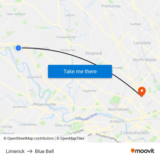 Limerick to Blue Bell map