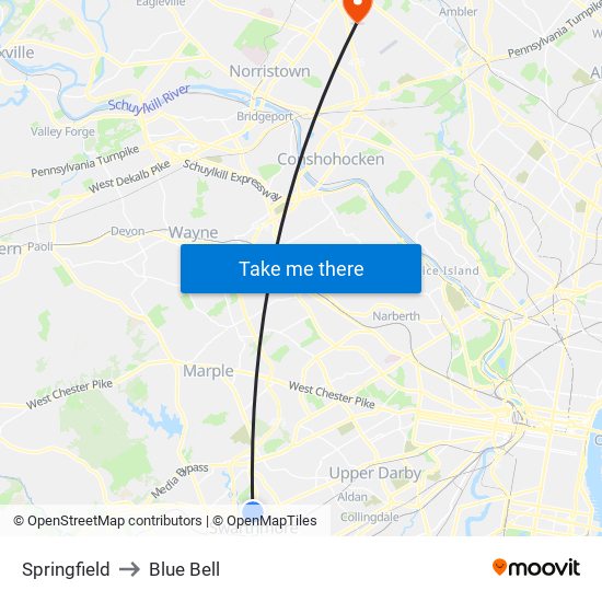 Springfield to Blue Bell map