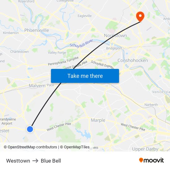 Westtown to Blue Bell map