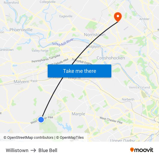 Willistown to Blue Bell map