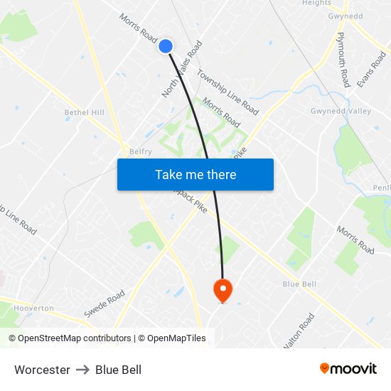 Worcester to Blue Bell map