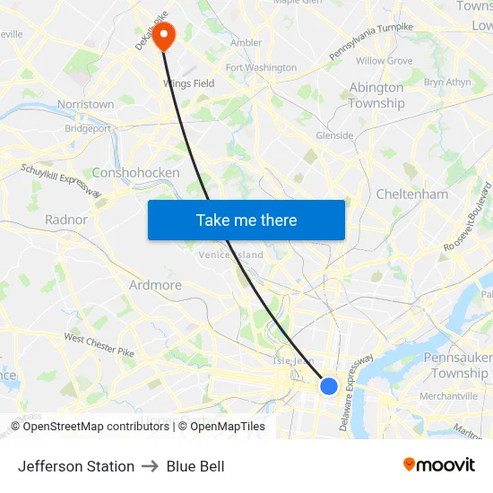 Jefferson Station to Blue Bell map