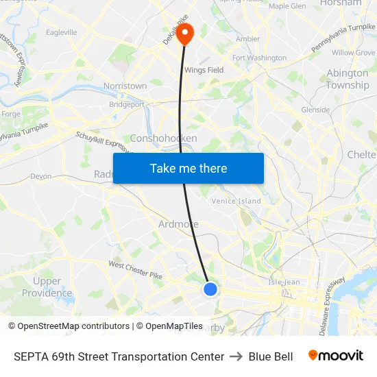 SEPTA 69th Street Transportation Center to Blue Bell map