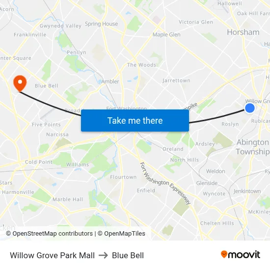 Willow Grove Park Mall to Blue Bell map