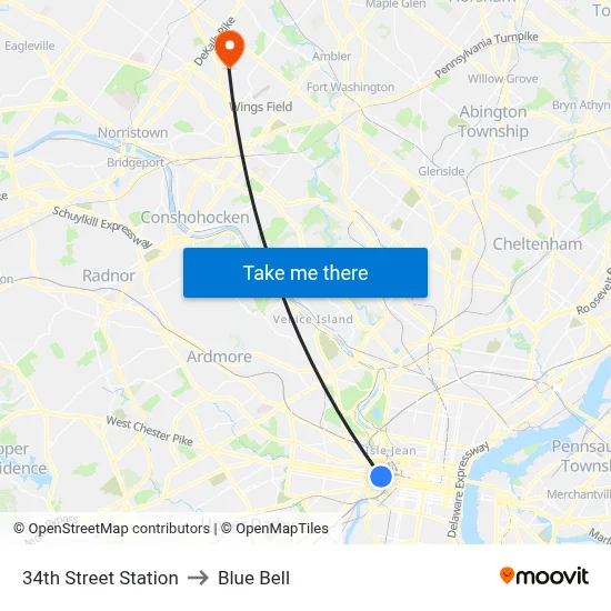 34th Street Station to Blue Bell map