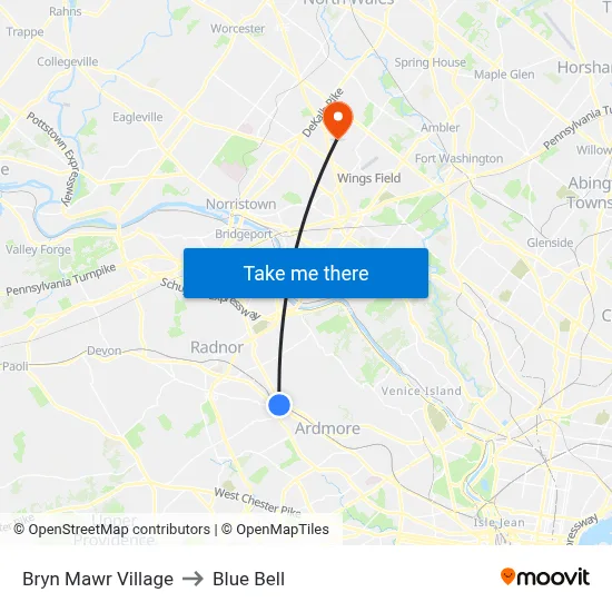 Bryn Mawr Village to Blue Bell map